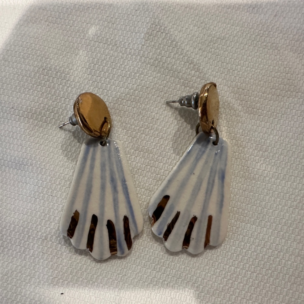 Etsy Handcrafted White and Gold Porcelain Fan Drop Earrings